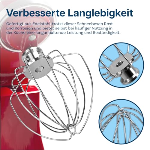 K45WW 6-Drahtiger Schneebesen für KitchenAid 4.5-5 Quart Kippkopf-Standmixer Artisan & Classic Serie von MMOBIEL – Edelstahl-Aufsatz Eiercremerührer – Kuchen Mayonnaise-Schneebesen - Spülmaschinenfest