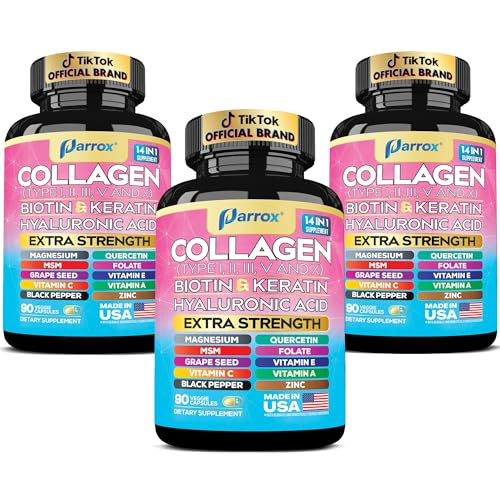 Parrox Collagen Peptides Types I, II, III, V & X, MCG Biotin, Keratin, Hyaluronic Acid, MSM, Zinc,...