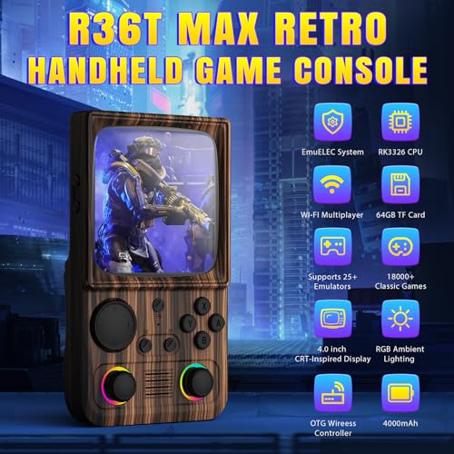 Image of R36T MAX Upgraded Retro Handheld Game Console with 4000mAh Battery, 4.0'' IPS Screen, Retro Gaming Console with Portable Case, Supports WiFi Networked Fighting and OTG(Wood Grain Coffee Brown)