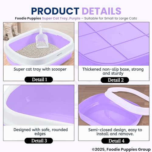 Image of Foodie Puppies Cat Litter Box Tray with Rim and Scooper - (Purple) (Large, 46 x 38 x 13 cm) | Semi-Closed Design and Durable Quality | Pet Litter Sand Tray Suitable for All Adult Cats & Kittens