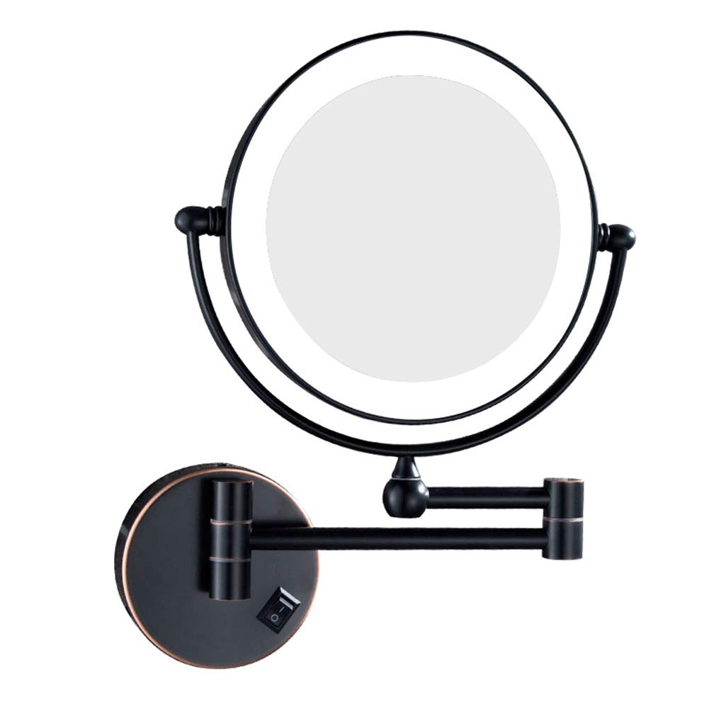 Espejo de maquillaje de montaje en pared, con Luz LED, giratorio de 360°, Espejo de baño de Doble Cara, Espejo de Aumento 3X, Espejo de baño plegable de Forma Redonda extensible, Black_8inch