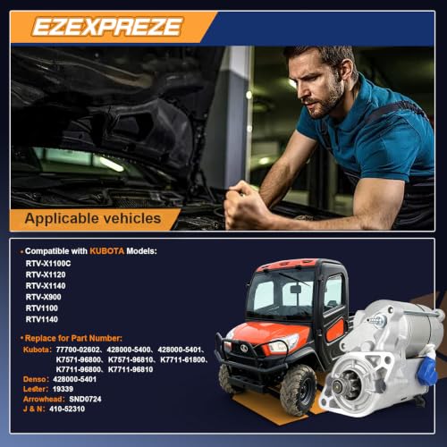 Image of Ezexpreze 410-52310 Starter for Kubota RTV 1100 RTV-X1100C RTV 1140 RTV-X1140 RTV-X1120 RTV-X900, Replace 428000-5400 428000-5401 77700-02602, 1.4KW OSGR
