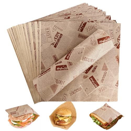 Farerkass 200 Pieces Papel Antigrasa, Papel Antigrasa Alimentario, 25 x 25 cm Papel Periodico para Alimentos, Papel para Envolver Alimentos para Hamburguesa Sándwich Papas Fritas Pizza Carne