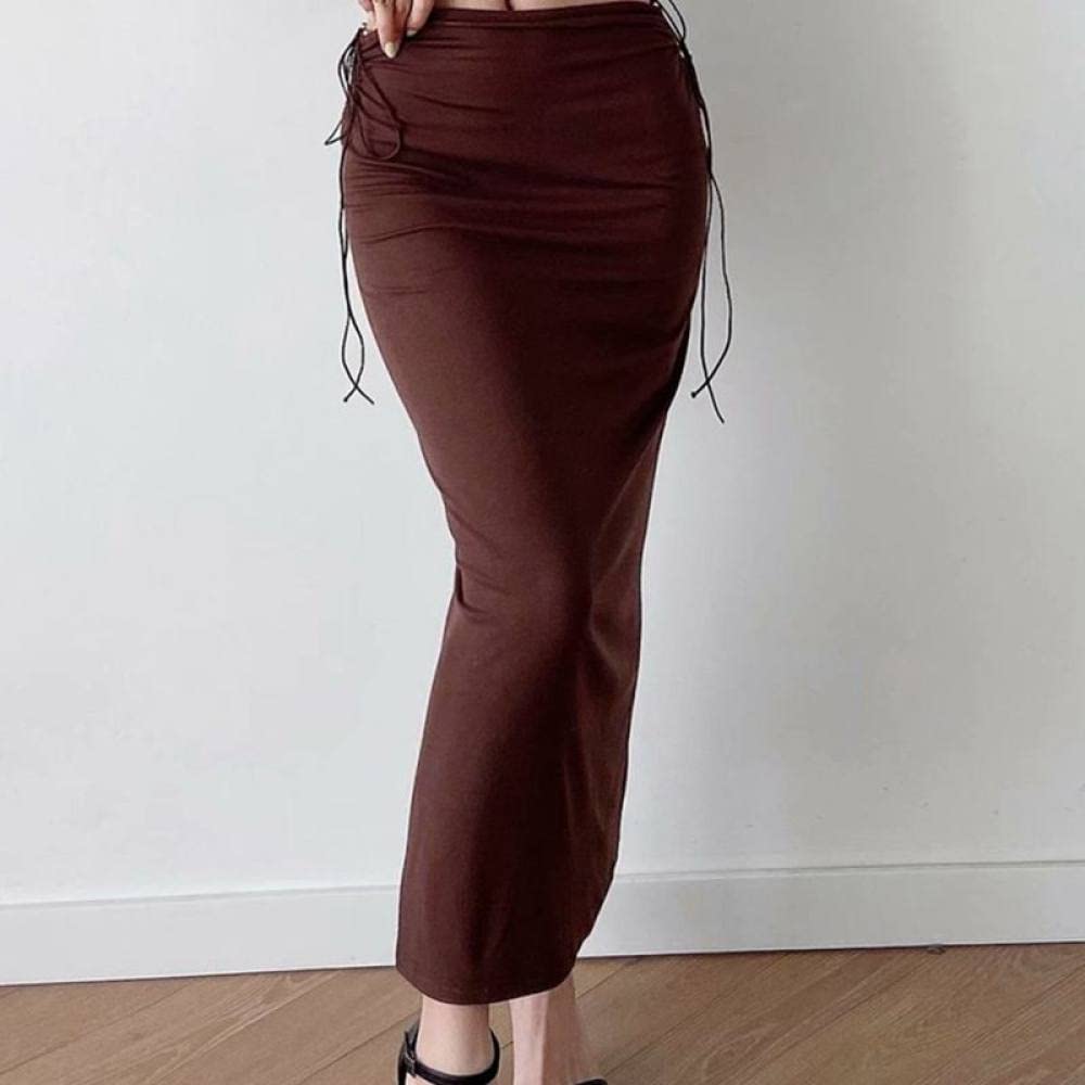 Röcke,Damen Maxirock Braun Kordelzug Bodycon Schlitzrock Mode Reißverschluss A-Linie Geraffte Volltonfarbe Lässige Hüften Umwickelte Lange Röcke Für Mädchen Damen,M