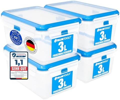 ATHLON TOOLS 4x 3L Frischhaltedosen-Set in Gastro-Qualität Auslaufsicher | 100% luftdicht -40 bis +100 Grad - für alle Lebensmittel - BPA-frei - Vorratsdosen für Kühlschrank (3 L |