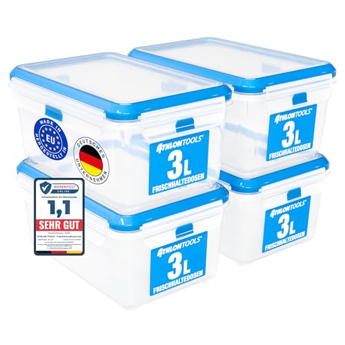 ATHLON TOOLS 4x 3L Frischhaltedosen-Set in Gastro-Qualität - 100% luftdicht und auslaufsicher -40 bis +100 Grad - für alle Lebensmittel - BPA-frei - Vorratsdosen für Kühlschrank (3 L | 4er Set)