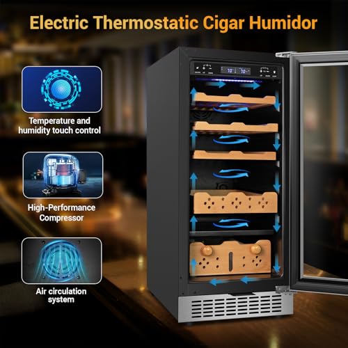 Image of Electric Cigar Humidor,15 Inch Upgraded Large Capacity Electric Cigar Cabinet with Powerful Compressor, Digital LED Screen, Safety Lock,Smart Temperature Control