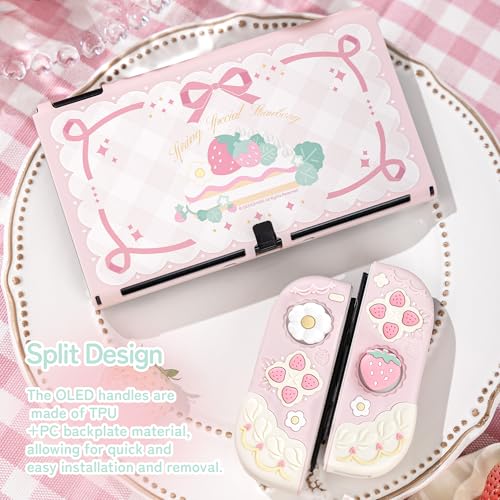 Image of GeekShare Protective Case for Switch OLED Slim Cover Case Compatible with Switch OLED Separable Soft Silicone Protective Shell for Game Console with 2 Thumb Grip Caps - Spring Strawberry (Pink)