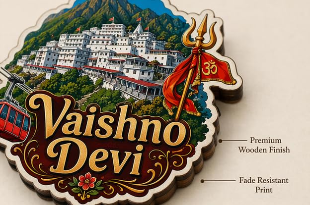 Image of Vaishno Devi Theme Wooden Fridge Magnet Souvenir | 3x3 in Kitchen Home Decor Gift
