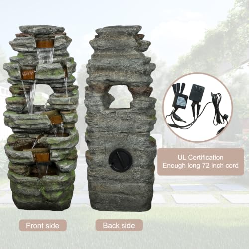 Image of SunJet 47.2 inch High Multi-Tiers Cascading Rock Outdoor Water Fountain with LED Lights - Large Outdoor Fountains and Waterfalls for Garden or Patio, Yard, and Deck Decor, Featuring Natural Stone Look