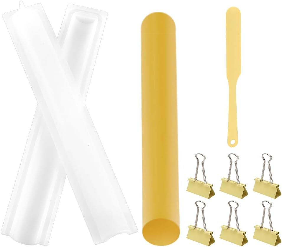 FINGERINSPIRE Long Tube Silicone Mold Round Column Cake Pan Mold for Baking Chocolate or Soap Making Food Grade Tube with Yellow Silicone Scraper & 6 pcs Iron Clips (12.6inch Length, 1inch Diameter)