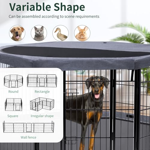 Image of PETIME Dog Playpen,Metal Exercise Puppy Pen Heavy Duty Kennels Yard Fence Indoor /Outdoor 27 inch W x 32 inch H 8 Panels Dog Cage with Octagon Top Cover and Bottom Pad