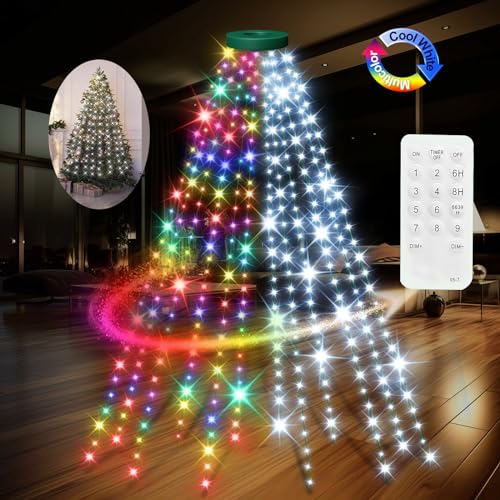 ComfyAura 12 Modes Easy Christmas Tree Lights with Ring Indoor Outdoor - 6.56Ft x 12 Lines String 288 LED Timer Dimmable Remote Waterproof Lights for 6 7 Ft Xmas Tree Decor (Cool White or Multicolor)
