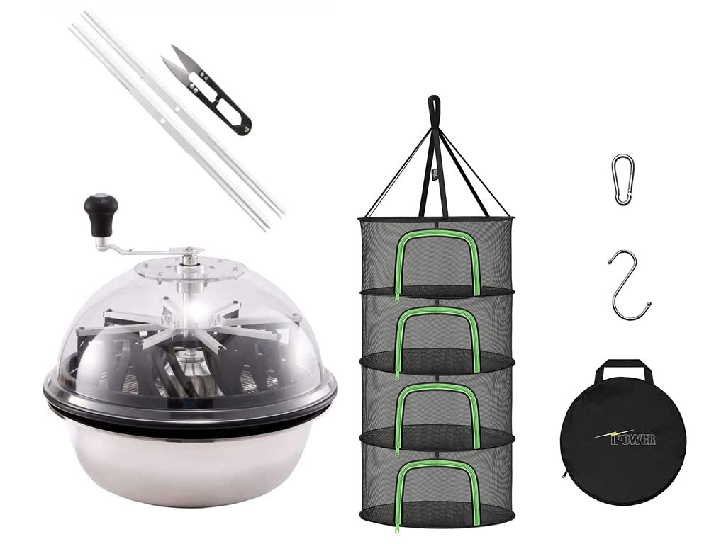 iPower 19" Bud Leaf Bowl Trimmer Machine Twisted Sharp Stainless Steel Spin Cut with Upgraded Gears, and Foldable Hanging Herb Mesh Rack with U-Shape Zippers, for Hydroponic Plant, 2Ft 4-Layer