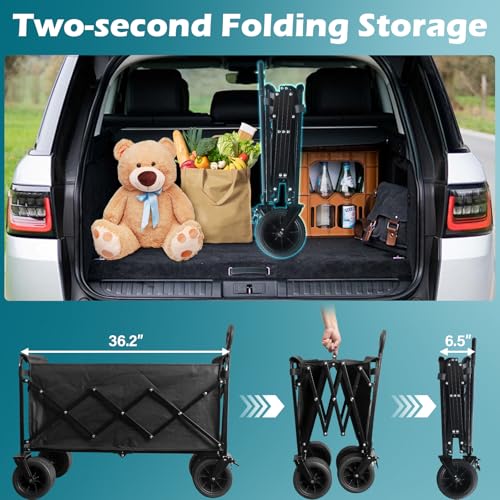 Image of Beach Wagon with Big Wheels for Sand: 600LBS All Terrain Collapsible Beach Cart Foldable - Portable Heavy Duty Folding Utility Wagon Cart for Groceries Shopping Outdoor Camping Sports