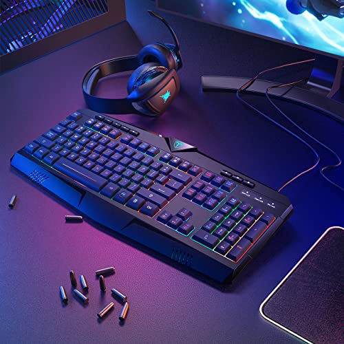 Image of Gaming Keyboard, Dacoity Full Size Rainbow LED Backlit Quiet Computer Keyboard, Wrist Rest, 8 Multimedia Keys, 25 Keys Anti-ghosting, Office Key, Waterproof Light Up USB Wired Keyboard for PC Mac Xbox