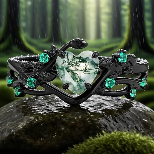 Moss Agate Engagement Ring Set for Women 925 Sterling Silver Black Gold/White Gold/Yellow Gold/Rose Gold Moss Agate Ring for Her Customizable Wedding Ring Stacking Inspired Leaf Jewelry4