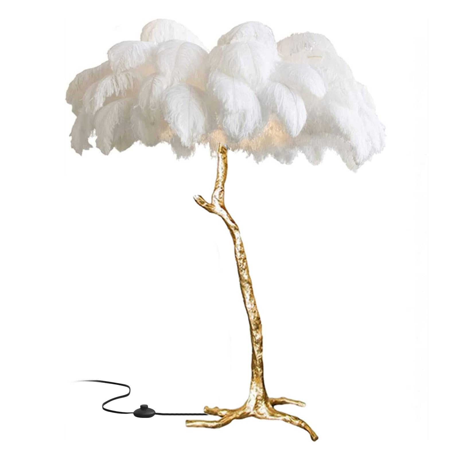 Standing Bedside Lamps, Nordic Ostrich Feather Floor Lamp with 3 Color Light Switching, Gold Resin Light Body, Tall Pole Lamp Feather Lamps for Home Office Decor,White,80x75cm/32x30in (desk lamp)
