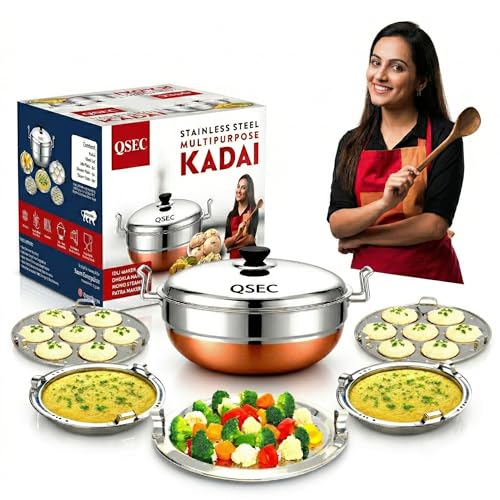 QSEC Stainless Steel Multi Kadai Idli maker cooker steamer with Copper Bottom All-in-One Big Size...