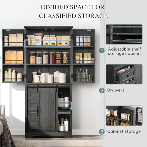 DWVO 71" Kitchen Pantry Storage Cabinet with Barn Doors, Tall Kitchen Cabinets with 4 Drawers and Adjustable Shelves, Versatile Storage for Living Room, Dining Room or Hallway, Grey Rustic Oak