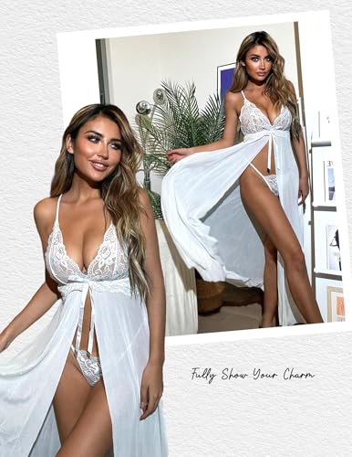 Image of SSoShHub Women Lingerie Lace Babydoll Dress Open Front Sleepwear Long Sheer Nightgowns V Neck Nightwear for Wife, Women Wedding Valentine Special Night Occasion Festival