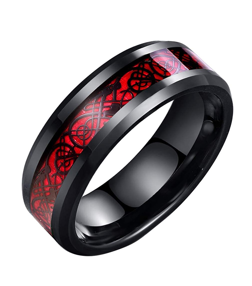 PS CREATION Dragon Ring Men's Dragon Pattern Beveled Edges Celtic Rings Wedding Bands Ring for Men Women Boy Stainless Steel High Polish Jewelry Gift Red Comfort Fit