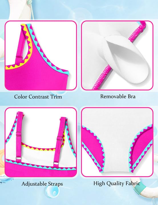 Qaoerde Girls Swimsuit One Piece Swimsuits Solid Color Bathing Suit Colorful Contrast Trim Adjustable Straps Swimwear 9-16Y4