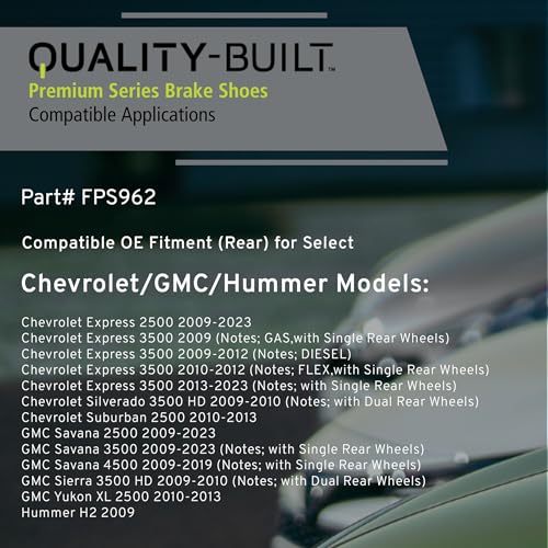 Image of QUALITY-BUILT Rear Parking Brake Shoes, FPS962, Compatible with 2009-2023 Chevrolet /GMC /Hummer (Express 2500,Express 3500,H2,Savana 2500 /3500 /4500,Sierra 3500 HD,Silverado 3500 HD,Suburban)