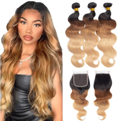 Image of 16A Ombre Body Wave Bundles Human Hair with Closure (14 16 18+14 inch) 100% Unprocessed Virgin Brazilian Ombre Brown Body Wave Human Hair Weave 3 Bundles with Closure