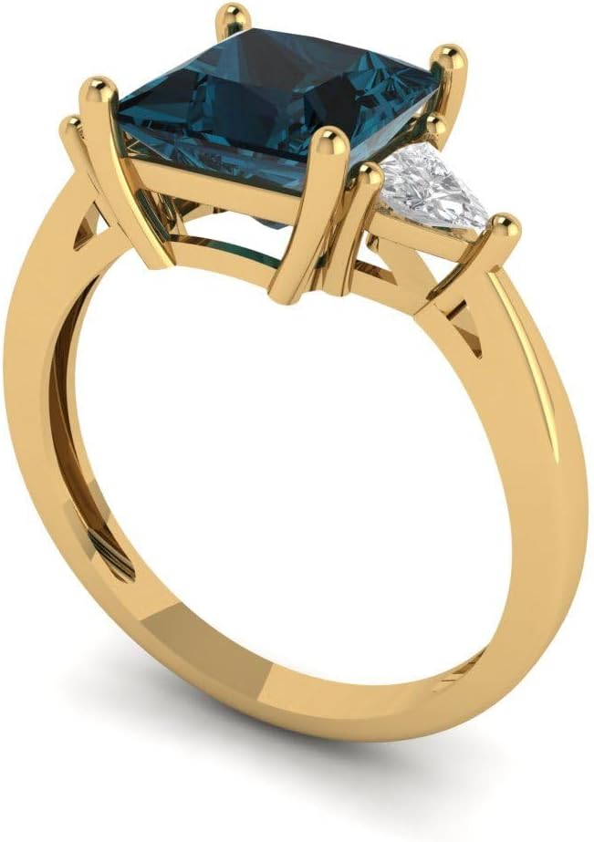 Clara Pucci Natural London Blue Topaz Princess Cut Three-Stone Ring | 14K Solid Gold | 2.32 cttw | Womens Yellow Gold Fashion Jewelry