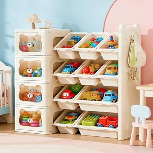 おもちゃ 収納 おもちゃ収納ラック 3*引き出し&7*収納ボックス付き 大容量 おもちゃ収納棚 絵本ラック 本棚 おしゃれ 可愛い くま型デザイン 組立簡単 おもちゃ箱 ぬいぐるみ 子供服 収納 防塵 子供部屋 入学入園 4階 幅99...