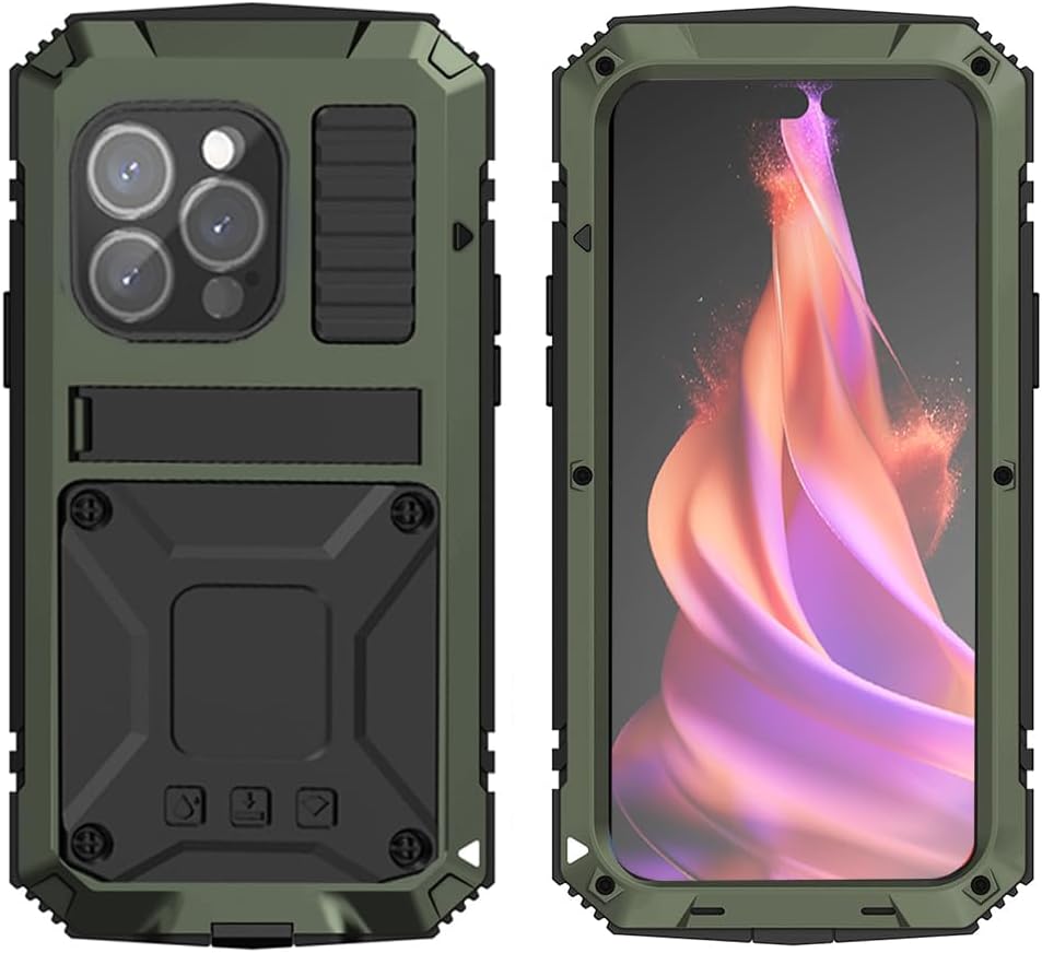 Metal Case Compatible with iPhone 15 Pro Max Aluminum Military Grade Armor Rugged Case with Metal Stand Screen Protector Drop Tested Shockproof Full Cover case (Green)