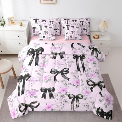 Image of Black Bow Tie Queen Comforter Set with Sheets | Boho Flowers Pink Floral 7 Piece Bedding Set Princess Bow Bed in a Bag, Girly Dreamy Ribbon Bowknot Room Decor,Cute Room Decor Aesthetic Kawaii