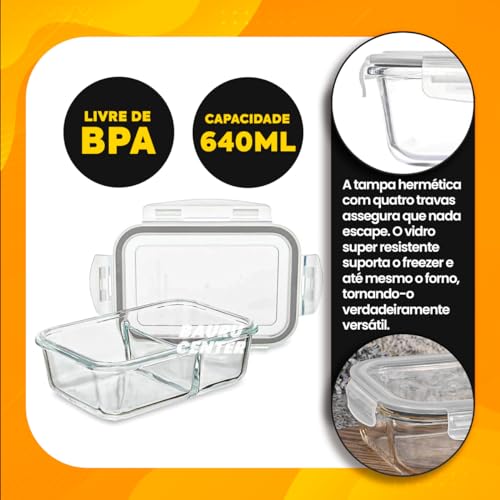 Conjunto Kit 2 Potes Vidro Hermético Divisória Retangular Marmita Fitness 640ml
