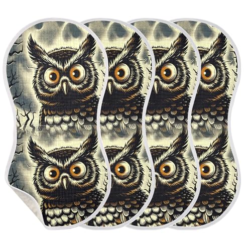 Kigai Spooky Cartoon Owl Baby Muslin Burp Cloths 4 Pack, Soft 4 Absorbent Layers Cotton Burp Rags for Newborn Girls Boys