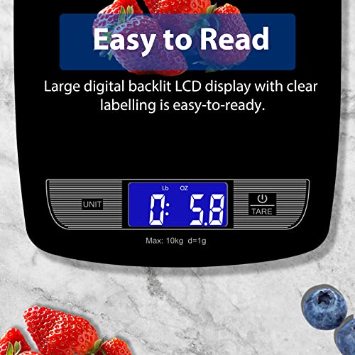 Megatek 22Lb Digital Food Kitchen Scale Weight In Grams And Ounces For Baking And Cooking, 0.05 Oz/1G Accuracy, Large Backlit Lcd Display And Weighing Platform, Tempered Glass - Black #TOP5