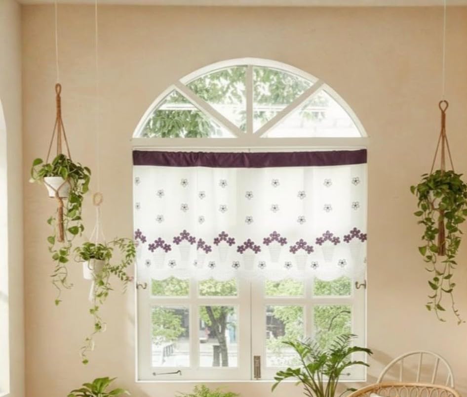 Image of Short Window Curtain for Kitchen, Living Room, Cafe, Restaurant & Home Decor | Elegant Half Window Valance | Length - 24 Inch, Width - 42 Inch (White Flowerpot, Small)