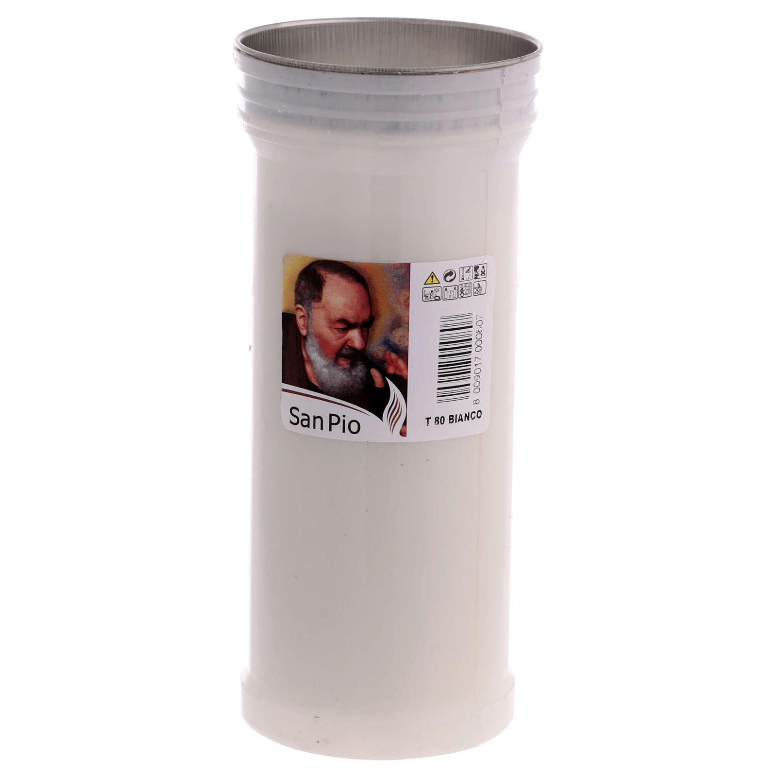 White Votive Candle, White Wax, Image of Saint Pio, 8 cm of Diameter