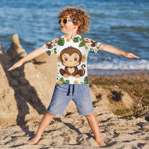 Cute Cartoon Monkey Kids Bathing Suit UV Protection Basketball Tshirt Swimwear Beach Tops 3T4