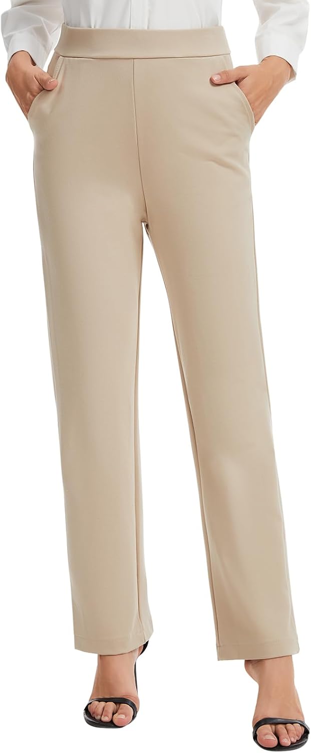 Women's Ponte Pull-On Straight Leg Dress Pants Elastic Waistband with Side Pockets