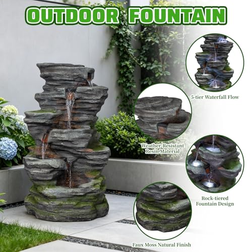 Image of 5-Tier Rock Outdoor Water Fountain, Resin & LED Light, 40.2 in