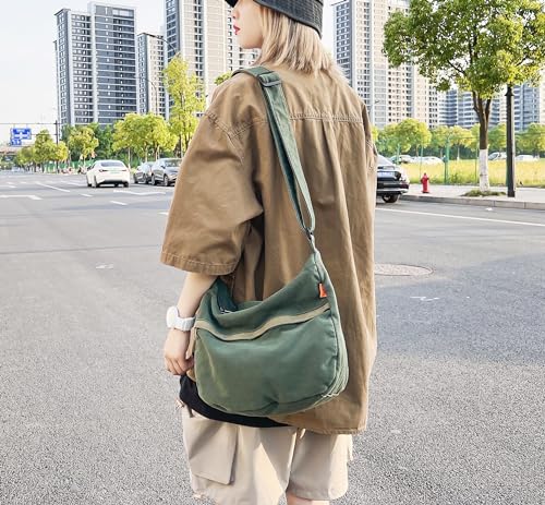 Image of Cotton Tote Handbag Women Canvas Crossbody Beach Bag Hobo Shoulder Tote Bag with 3 External Pocket,Zipper Closure