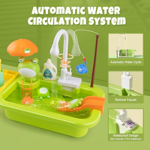 Play Sink with Running Water,Kids Sink Toy with Automatic Water Cycle System,Sink Fishing Game Toy with Food Kitchen Accessories,Kids Role Play Dress Up Dishwasher Toys for Boys and Girls Present