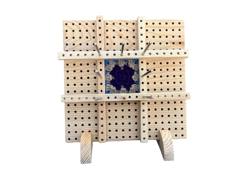 kuksam - Anti Stretch Handmade Wooden Blocking Board for Knitting Crochet and Granny Square (Pine) with Stainless Steel Rod Pins, Stand & Rod Stabilizer, (22 x 22 cm) (8.5 x 8.5 Inch)