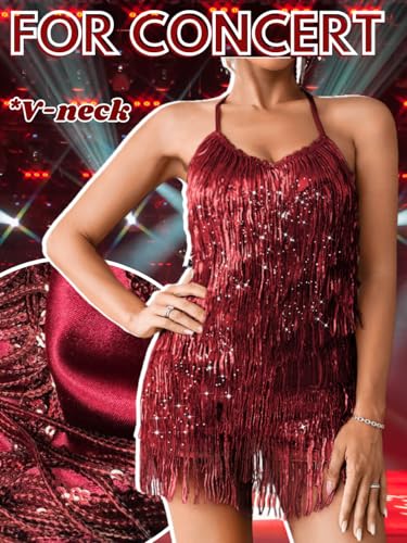 Image of Kaei&Shi Sequin Fringe Romper,Sparkly Glitter Metallic Jumpsuits For Women,Backless Shorts Dress Disco Birthday Dance Outfit