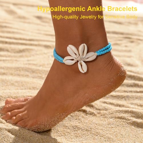 Image of Shell Anklets for Women Shell Beach Jewelry Accessories White Pink Black Flower Ankle Bracelet Summer Vacation Dress Outfits