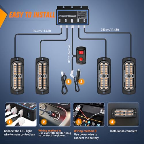 Image of Nilight 4PCS LED Strobe Lights 12V 24V Sync Feature Amber | 24LED Emergency Hazard Warning Lights with Controller Hard Wire or Cigarette Lighter Plug for Car Truck RVs Campers