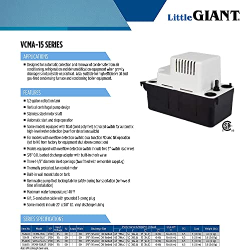 Little Giant VCMA-15ULST 115 Volts, 65 GPH, 1/50 HP Bomba de remoção automática de condensado com in
