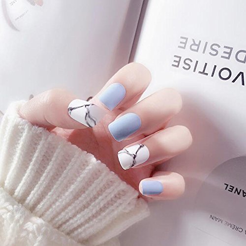 Dongcrystal Set of 24 False Nail Chic Blue Frosted Bridal Fake Nail Full Nail Tips