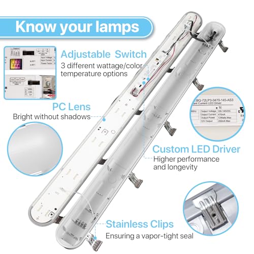 HYPERLITE 65W 4FT LED Vapor Light, 45W/55W/65W Vapor Proof Tight Light Fixture, 8450lm 4000K/5000K/6000K Selectable, AC120-277V Waterproof LED Outdoor Shop Light for Car Wash,Garage,Warehouse,ETL by HYPERLITE - Image 6
